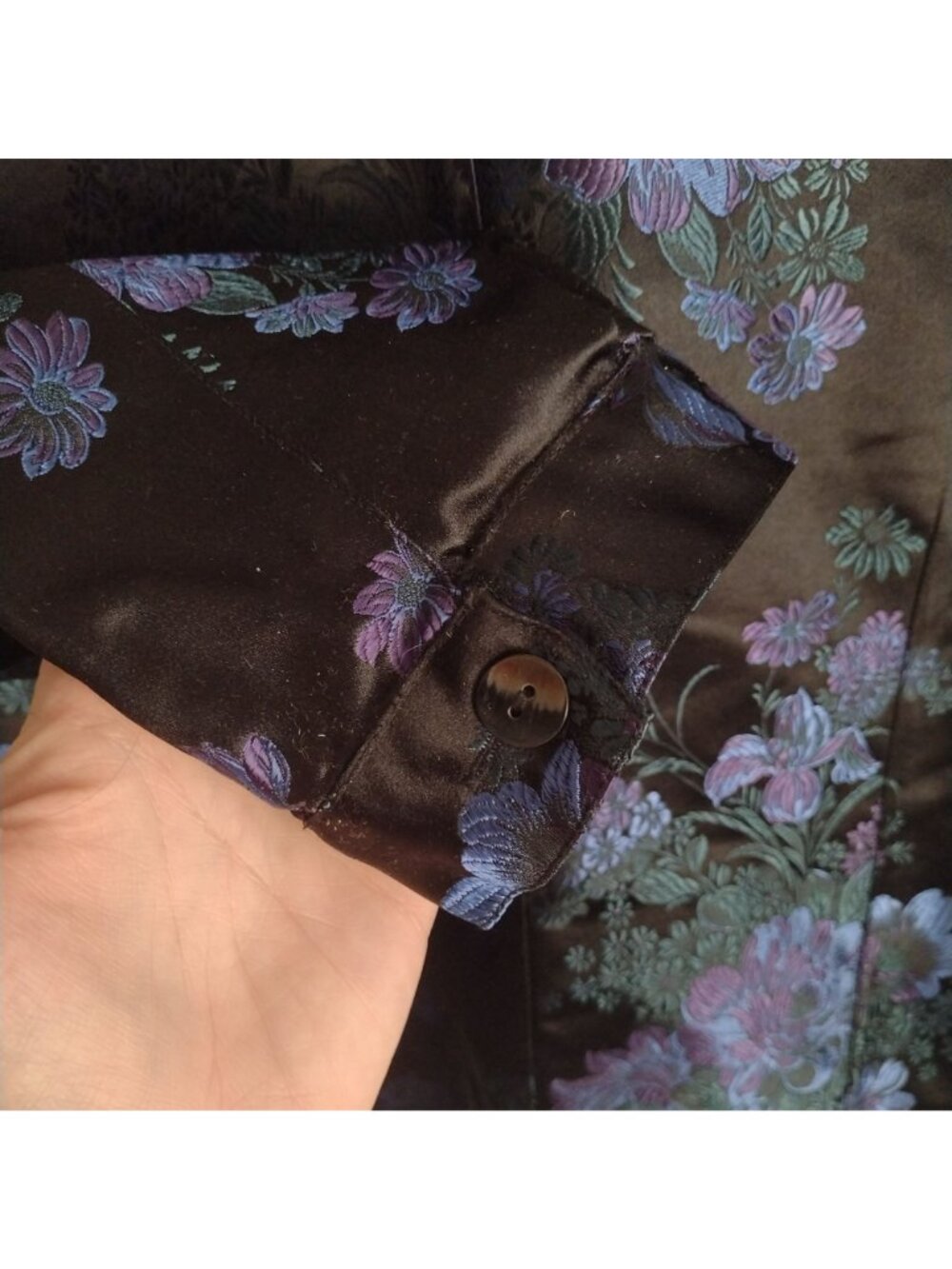 Chicos Silk Blend Brocade Jacket L Dark Blue Floral on Black Zip Blazer Sz 2 - Picture 10 of 12
